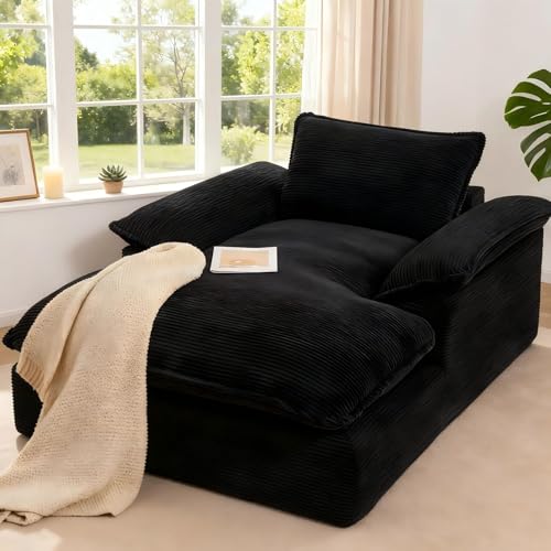 VEPXXP Oversized Chaise Lounge Chair Indoor, 67 Boneless Chaise Lounge with Extra Deep Seat, Comfy Corduroy Upholstered Sleeper Sofa Bed, Cozy Fluffy Single Sofa Armchair for Living Room, Black