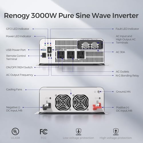 Image of Renogy Inverter PUH 3000W Pure Sine Wave Inverter 12V to 110V Built-in Auto Transfer Switch and Bluetooth Module, Solar Power Inverters for Vehicles, RV, Marine, Home Backup, Camping, Off-Grid