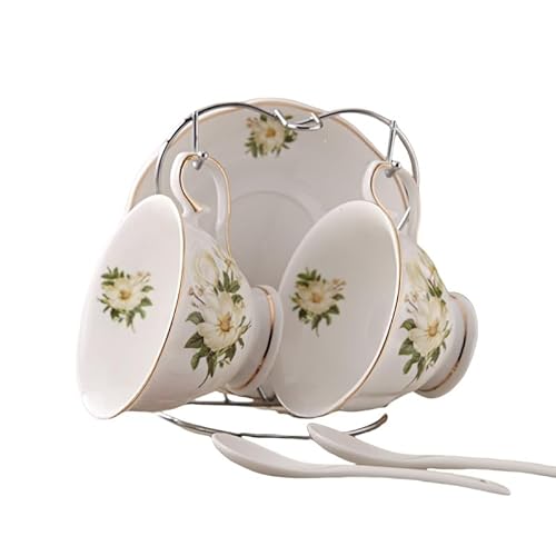 コーヒーカップ ソーサー セット ティーカップ セラミック アフタヌーンティー コーヒー 紅茶 ラテ カプチーノ 朝食 ホームパーティー レストラン エレガントな花柄 陶器 ディスプレイスタンド付きゴールドハンドル おしゃれ 人気 ギフト ソーサーとスプー