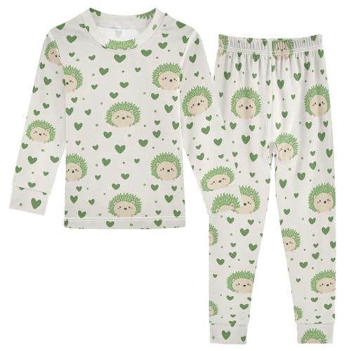 Fustylead Cute Cartoon Hedgehog and Green Hearts Pajamas Cotton Sleepover PJ Set Long Sleeve Lounge Wear