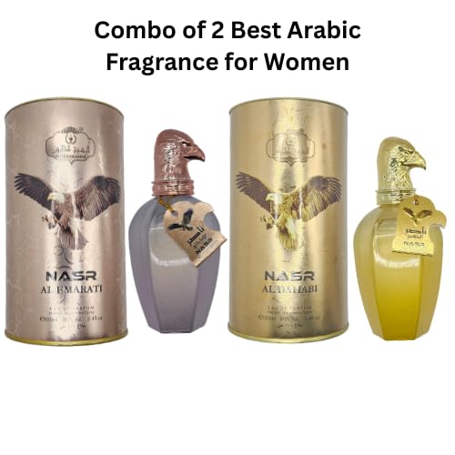 Nasr Arabic Perfume Gift Set for Women, Al Dahabi and Al Emarati, 3.4 FL OZ Each, Duo with Oud, Rose, Saffron, Patchouli, Amber, Musk, Citrus, Floral accords with Oriental Fragrance