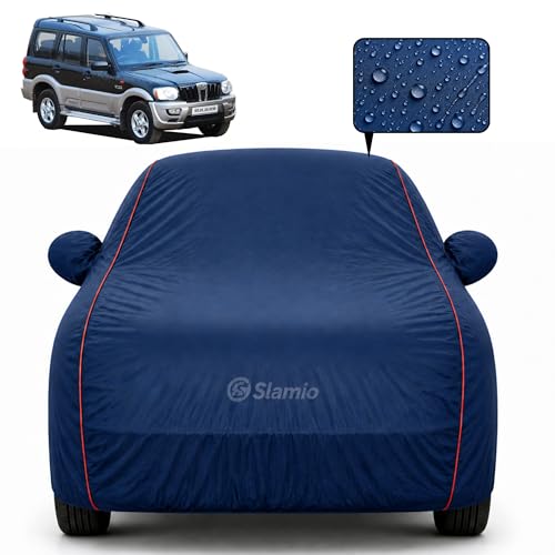 Image of Premium 100% Waterproof Car Cover for Mahindra Scorpio 2006-2013 Models | All-Weather, UV & Dust Protection | Heavy-Duty 3-Layer Fabric | Custom Fit with Mirror & Antenna Pockets | Navy Blue