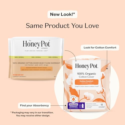 Image of The Honey Pot Company - Sanitary Pads for Women - Non-Herbal Heavy Overnight w /Wings - Organic Cotton Cover & Ultra-Absorbent Pulp Core - Feminine Care - 11 ct