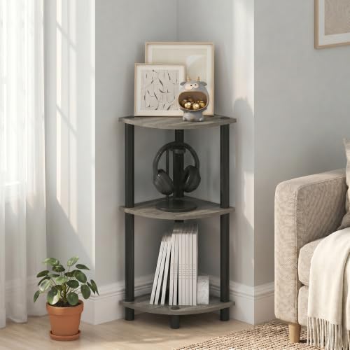 Image of Furinno Turn-N-Tube Toolless Assembly 3-Tier Storage Shelves, French Oak | Grey Corner Shelf, Open Storage Book Shelf, for Organization and Storage, Living Room, Home Office, Bedroom