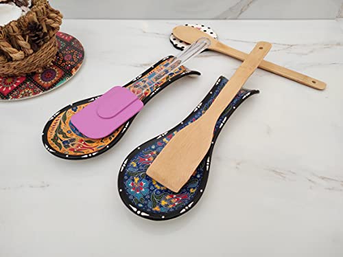 Ayennur Turkish Ceramic Spoon Rest For Stove Top Set Of 2-Spoon Holder For Countertop,Kitchen Decor For Counter-Handmade Dishwasher Safe #TOP1