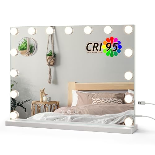ledscom.de LED Schminkspiegel mit Beleuchtung, HOLLYWOOD Spiegel, 58x45cm, USB, 3 Lichtfarben, dimmbar, RA 95, weiß, 15 LEDs