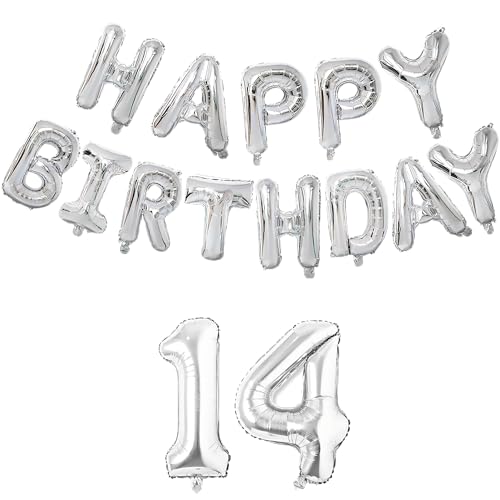 Image of Flyloons 14th Silver Happy Birthday Foil Balloon Set for 14 Year Old Boys Girls Teenage | with Number Fourteen | 13 Letters Reusable Happy Birthday Metallic Foil Balloons Decoration Kit,15 piece