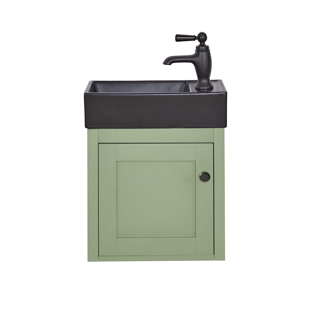 Milano Black (Round) Thornton Pastel Green 400Mm Wall Hung Bathroom Vanity Unit Black Basin Black Handle