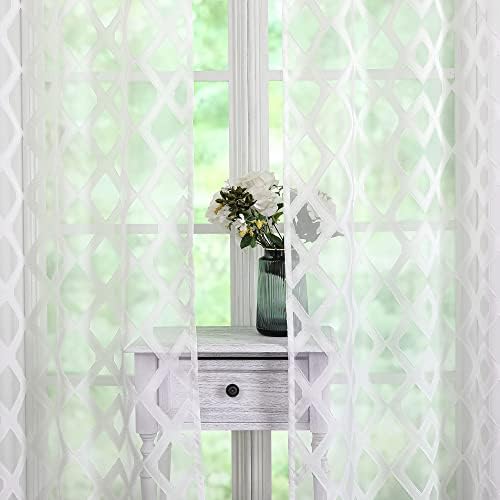 Simplebrand Kiki Sheer Curtains 63 Inch Length 2 Panels, Textured Burnout Curtains with Geometric Jacquard Clipped Design, Farmhouse Curtains for Bedroom Nursery Window Drapes, W40 x L63, Ivory