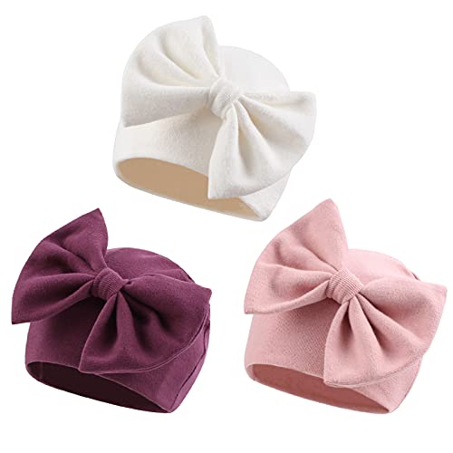 Newborn Baby Girl Hat Cotton Baby Bow Beanie Spring Infant Hats For Girls 0-6Months (Skin Pink+Deep Purple+White, 0-6 Months) #TOP16