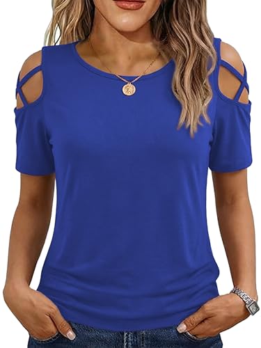 Image of Jar of Love Women's Summer Tops Short Sleeve Cold Shoulder Tops T-Shirts for Women Spring Summer Tops Loose Fit Tunic 2026