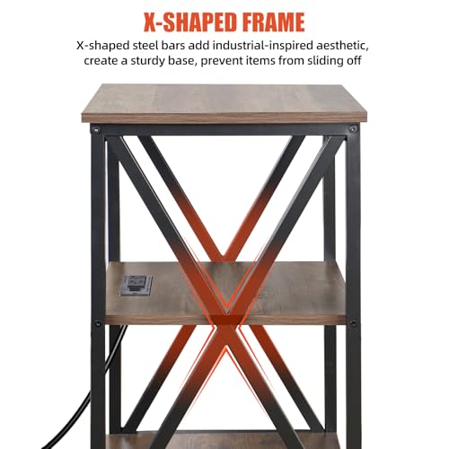Image of Square End Table with Charging Station, 3-Tier End Table Living Room, 16 inch D X 16 inch W X 28 inch H, Wood and Metal Table with USB Ports and Outlets, Side Table with Wheels for Living Room, Bedroom, Grey