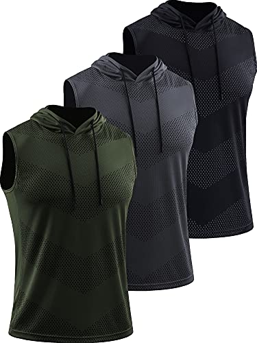 Cadmus Men's Workout Sleeveless Hoodies Athletic Training 3 Pack Gym Tank Tops Sports Fitness T Shirts,0098,3 Pack,Black/Grey/Olive Green,2XL