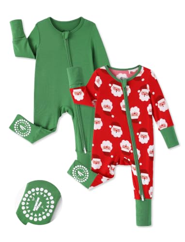 PATPAT 2-Pack Bamboo Viscose Baby Footie, with Anti-Slip Grips Jolly Santa Newborn