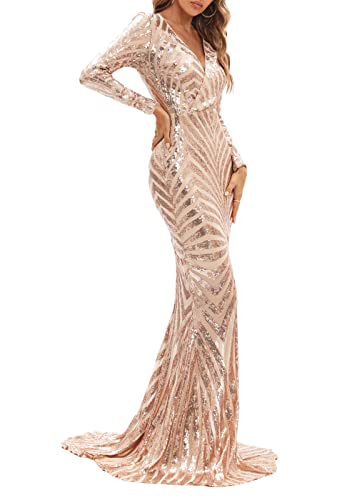 Ohvera Women\'s Long Sleeve Sequined V Neck Party Cocktail Evening Prom Gown Mermaid Maxi Long Dresses Rgold Large - Thumbnail 3