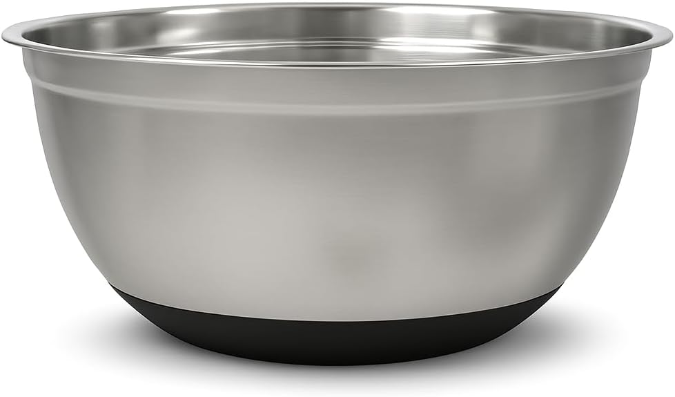 30 Qt Stainless Steel Mixing Bowl with Non-Slip Silicone Bottom, Round, Stackable, Mirrored Finish, 19.75 x 8.69 Inch, Silver and Black