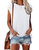 Smile Fish Womens Summer White Short Cap Sleeve Shirts Solid Loose Fit Pocket Tunic Tops Cotton M