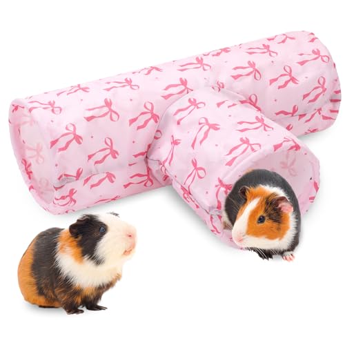 JarThenaAMCS Guinea Pig Tunnel 3 Way Washable Guinea Pig Hideout Pink Bow Foldable Rabbit Tunnel Small Animal Toy for Bunny Hamster Chinchilla Ferret Accessory