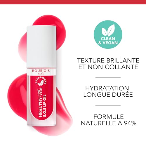 Bourjois Healthy Mix Clean S.O.S Huile à lèvres, Hydratante et brillante, Huiles de fruits nourrissantes et collagène vegan, 94% d'ingrédients d'origine naturelle, 4,5 ml,03 Straw’Bisous