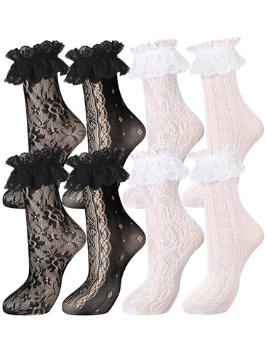 Geyoga 4 Pairs Women's Lace Ankle Socks, White, 5-9