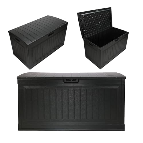 Suncast 80-Gal. Resin Large Outdoor Patio Deck Box with Pad-Lockable Lid, Modern Outdoor Patio Bench/Storage Box for Cushions, Garden Tools, and More, Iron Ore