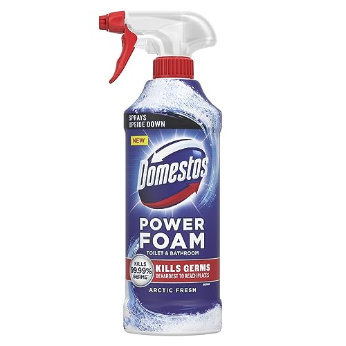 Domestos Power Foam Arctic Fresh Toilet & Bathroom Cleaner Spray sprays upside down & eliminates 99.99% of germs for cleaning inside the toilet & around bathroom 450 ml