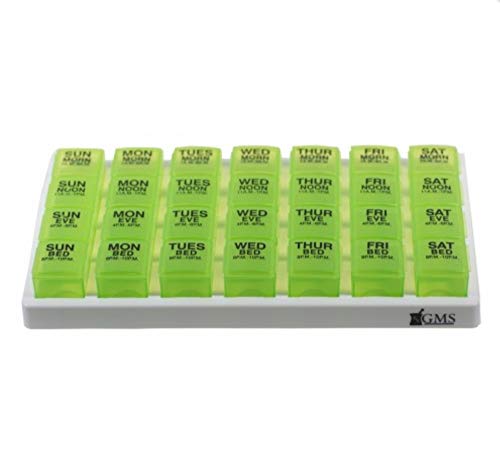 GMS 7 Day Pill Organizer Tray - Large with Removable Daily Pill Boxes with 4 Compartments Each for Storing and Organizing Medications, Supplements, Vitamins, Pain Relievers, and Prescriptions - Green