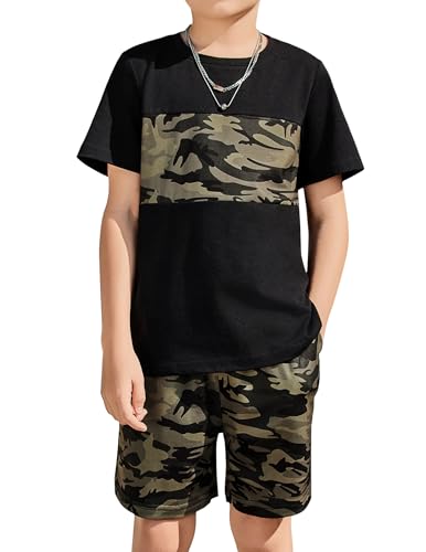 Arshiner Boys Camo Print Short Sleeve T Shirt and Shorts Set 2-Piece Black Outfit for Kids 8-9 Years