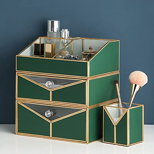 Almacenamiento organizador de maquillaje Gabinete de cuero con espejo de cristal for el cuidado de la piel, cosméticos, joyería, Perfume, tocador, mesita de noche, caja de almacenamiento de escritorio
