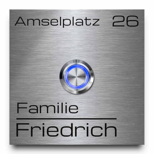 Edelstahl Türklingel mit Wunsch Gravur und vielen schönen Motiven - LED beleuchteter Klingelknopf - Modell Friedrich - Gravierte Klingelplatte in versch. Größen ab 8x8 cm
