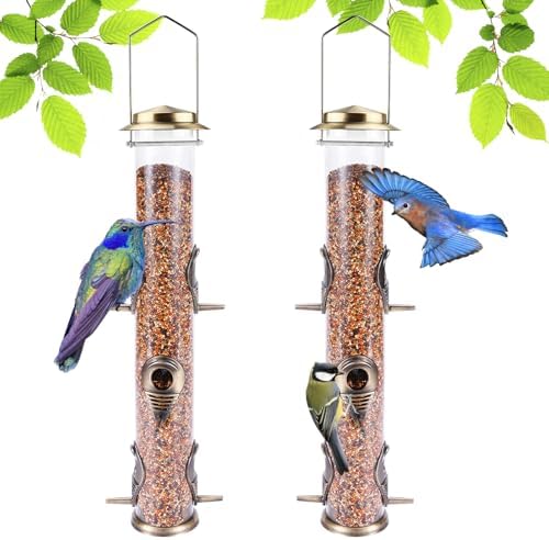 Top 5 Tube Feeders with Metal Ports That Will Transform Your Feeding Experience 8 MIXXIDEA 2PK Metal Wild Bird Feeder Squirrel Proof Bird Feeders for Outside Hanging 6 Port Tube Bird Feeder Transparent Finch Feeder with Steel Hanger (Bronze)