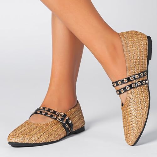 Agodor Raffia Woven Ballet Flats for Women Mesh Mary Jane Flat Round Toe Adjustable Double Buckle Strap Comfort Mesh Ballerina Shoes3