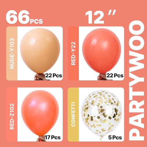 Image of PartyWoo Red Gold and Nude Balloons 66pcs 12 10 Inch Pearl Coral Red Nude Apricot Gold Confetti Balloons for Graduation Baby Shower Birthday New Year's Eve Anniversary Bachelorette Party Decorations
