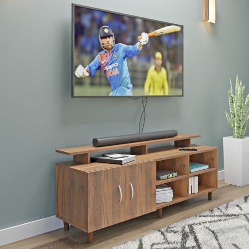 Image of VIKI Modern TV Unit for Living Room | Engineered Wood TV Cabinet with 2 Door Storage, 2 Open Shelves & Extension, Entertainment Unit, 140W x 48H x 40D cm | DIY | 1 Year Warranty (Walnut)