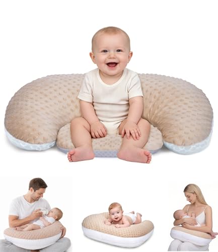 Multifunctional Nursing Pillow, Wider Breastfeeding Pillow with Minky Dot & Breathable Mesh, Anti-Slip Base for Tummy Time & Baby Sitting Support, Removable Soft Cover, Large Opening for Most Body
