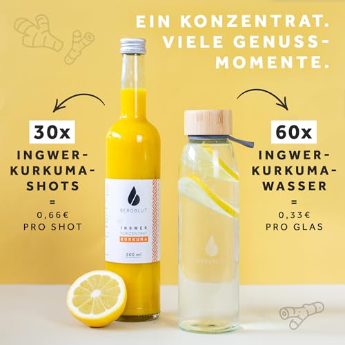 Bergblut Bio Ingwer Konzentrat mit Kurkuma – 500 ml Ingwerkonzentrat mit Kurkuma, Zitronen & Limetten | hochwertiges Konzentrat für Golden Milk, Limonade & als Shot | Vegan mit Agavendicksaft