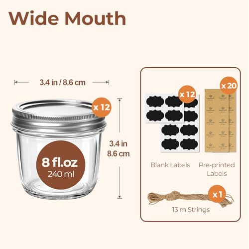Image of ComSaf 8 oz Wide Mouth Mason Jars, 12Pcs Glass Jars for Home Cooks Making Jam and Jelly, and Crafters Creating DIY Candles and Party Favors, Canning Jar with Lids and Rings，Includes Labels & Twine