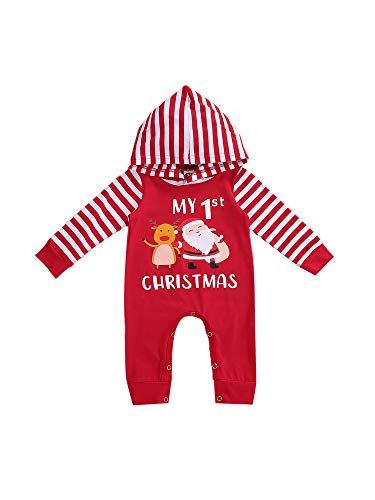 Geagodelia Unisex Bebé Navidad Mameluco con Manga Larga y Capucha Mono de Algodón Romper Cómodo y Cálido para Otoño y Invierno Bodysuit Navideño para Bebé Recién Nacido (Rojo2 , 6-9 Meses )