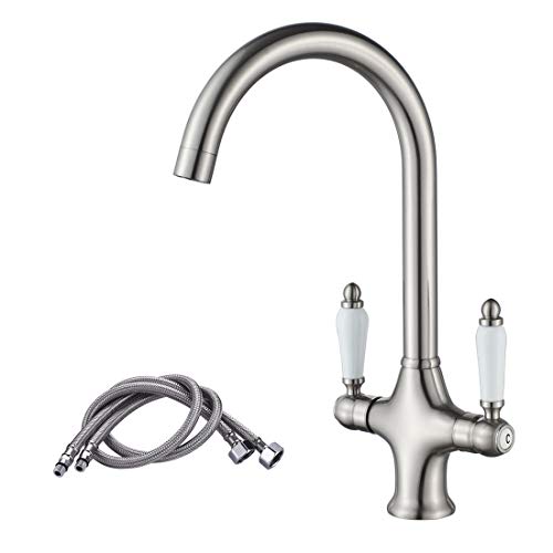 NewEast Kitchen Taps,Dual Lever Brushed Nickel Kitchen Mixer Sink Tap with 360 Degree Swivel Spout and Flexi Hoses