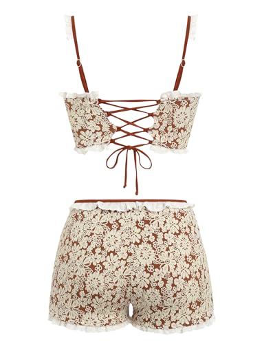 Image of ZAFUL Womens High Waisted Bikini Sets 2 Piece Plaid Ruffle Swimsuits Back Strap Top with High Waisted Shorts Bathing Suit