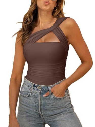REORIA Womens Sexy One Shoulder Asymmetrical Tank Top Leopard Print Mesh Ruched Sleeveless Backless Trendy Going Out Thong Bodysuits Tops Coffee Medium