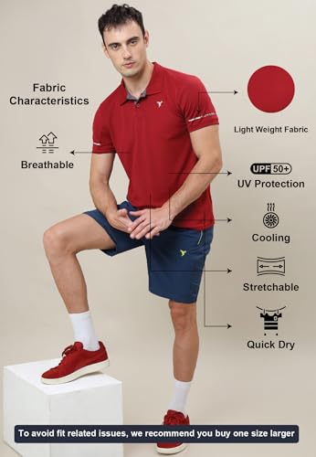 Image of TECHNOSPORT Men's Solid Slim Fit Polo Collar T-Shirt TECHNOCOOL+ Half Sleeve Button Polyester for Gym Running Workout UPF50+ Anti Odour