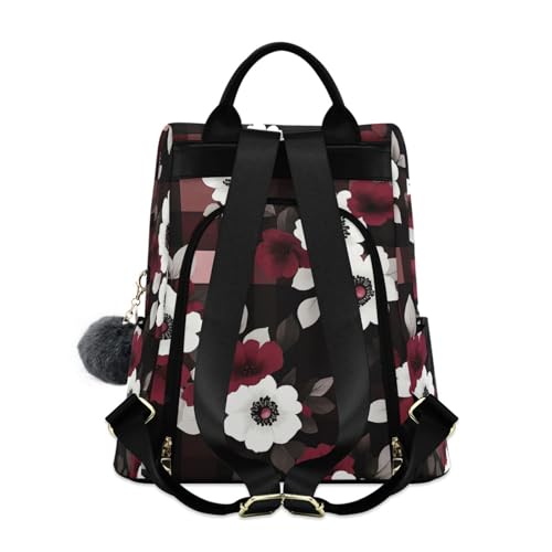KLL Red and Blue Flower Squares Fashion backpack for teens Anti-theft college backpacks for women for Travel, Work, Everyday with Pom-pom keychain2
