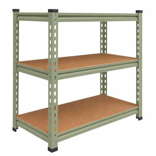 Image of BonKaso Adjustable 3-Shelf Metal Storage Shelving Unit, Steel Bootless Rivet Utility Display Rack Garage Shelves,27 Inches Height(27 X 24 X 12 Inc) Olive Green