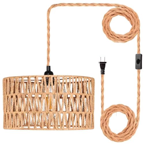 MUYIWEIDEN Plug in Hanging Lamp,Rattan Hanging Pendant Light with Plug in Cord, Boho Pendant Ceilling Light Fixture with Woven Lamp Shade for Living Room Bedroom Kitchen