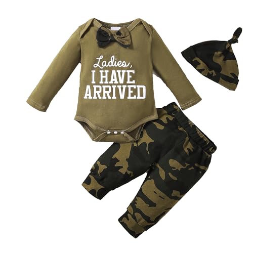 Image of KIMI BEAR Baby Boy Clothes Newborn Boy Outfit Infant Letter Print Long Sleeve Romper Bodysuit Camouflage Pants
