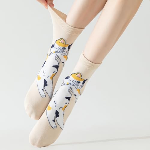 Image of 5 Pairs Cute Animal Crew Socks Fun Casual Cotton Calf Socks for Women (US, Alpha, One Size, Regular, Regular, Cartoon Cat)