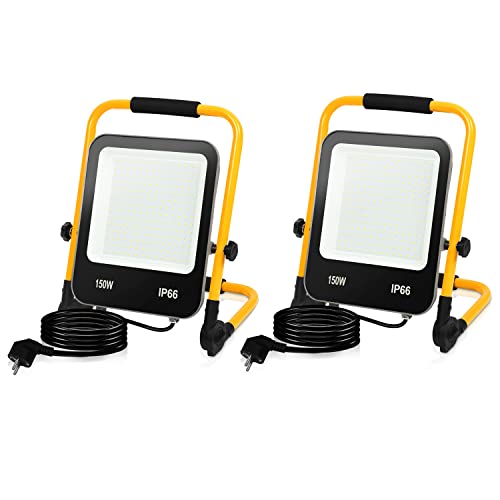 Ikodm Projecteur de Chantier LED, 2PCS 150W Projecteur LED 13000LM 6000K Blanc Froid avec Support Pliable, Lampe de Chantier avec câble 3M et étanche IP66 pour Garage Chantier GOL-8833-M2x