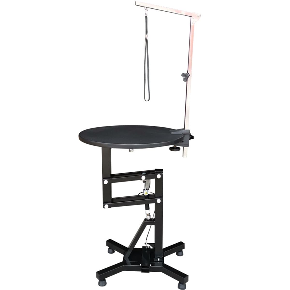 Mesa de aseo para mascotas de 60 cm, altura ajustable, brazo superior y 2 nodos para moños, ideal para perros y gatos pequeños, peinar, secar, recortar, color blanco, forma redonda