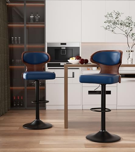 Nalupatio Bar Stools Set of 2, Bentwood Swivel Barstools Seat Adjustable Height 24.5-33.5IN with Back & Footrest - PU Leather Upholstered Bar Chair for Dining Room, Blue